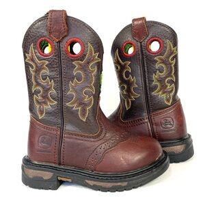 John Deere JD2164 Brown Round Toe Western Cowboy Leather Boots Small Kids 8.5